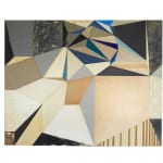 2d rectangular abstract collaged wall sculpture with geometric shapes in tan, gray, and olive