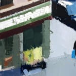 detail impressionistic scene of city street in shades of blue and orange
