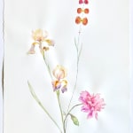 delicate mixed media painting of pinka nd yellow flowers on white background