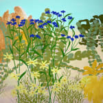 landscape painting of a desert, close up on plants with circular leaves and small blue flowers.