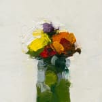 still life oil painting of flowers in a jar on a white background. The paint is applied thickly, in short brushstrokes.