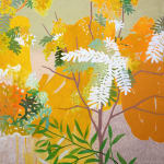 abstract painting in pale orange and green tones of leaf, branch, and fern shapes.