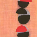 abstract painting of ovaloid shapes placed vertically near the center, with segmented pieces of those shapes overlapping them. The color palette is black and red, with the background being a low contrast grid of orange and pink.