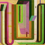 abstract painting with bold geometry and bright pinks, greens, yellows, and purple