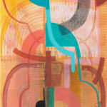 abstract painting of geometric forms, with curved lines facing outwards from the center, which is made of vertical segments. The color palette is mostly warm yellows and reds, with a bright cyan.