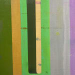 abstract painting with bold geometry and bright pinks, greens, yellows, and purple