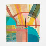 abstract painting of blocky shapes, in white, yellow, red, and cyan colors.