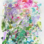 abstract painting with energetic brushstrokes in shades of green, pink, and blue