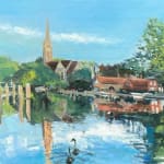 English Countryside Landscape Blue Green Scenic River Greenery Sky Field Oil Painting