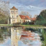 English Countryside Landscape Blue Green Scenic Greenery Sky Church River Oil Painting