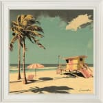 Beach pink and yellow lifeguard tower and palm trees