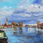 English Landscape Blue Boat Scenic River Sky Oil Painting