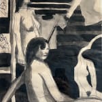 Paul Wonner, Untitled [artist's studio with nude male model and man with white hair, glasses, blue jacket on left] ,...