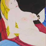 Paul Wonner, Untitled [artist's studio with nude male model and man with white hair, glasses, blue jacket on left] ,...