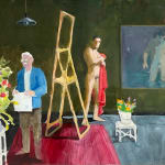 Paul Wonner, Untitled [artist's studio with nude male model and man with white hair, glasses, blue jacket on left] ,...