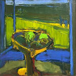 Paul Wonner, Untitled [artist's studio with nude male model and man with white hair, glasses, blue jacket on left] ,...