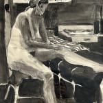 Paul Wonner, Untitled [artist's studio with nude male model and man with white hair, glasses, blue jacket on left] ,...