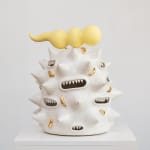 Ceramic sculpture by Kartini Thomas titled Fat white spooter (2025), featuring a spiked organic form topped with a yellow appendage.