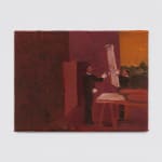 Installation view of “sambinha” (2024), a small-format figurative oil painting by Brazilian artist Thales Pomb, showing two figures handling a canvas, displayed on a white gallery wall.