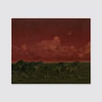 Exhibition view of a painting by Brazilian artist Thales Pomb featuring green horses galloping under a crimson sky. Contemporary landscape artwork displayed against a white wall.