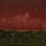 Painting by Brazilian artist Thales Pomb showing green horses running through a dark field under a red sky. Contemporary oil landscape evoking a surreal and cinematic atmosphere.
