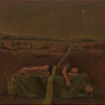 Contemporary painting by Brazilian artist Thales Pomb titled ‘Desanuviar’, showing a figure lying on a green bed merging into a rural landscape beneath a chiaroscuro sky.