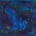 Surreal bird painting by Brazilian artist Thales Pomb, depicting a luminous blue heron in a dreamlike nocturnal landscape