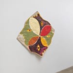 “Four Corners” by Kimia Ferdowsi Kline seen in installation view, featuring vivid colored forms, symbolic eyes, and stitched details on Egyptian papyrus with mirror fragments