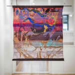 Jacquard textile artwork by Arda Asena, featuring intricate weaving techniques and abstract imagery, displayed at Galerie REVEL.