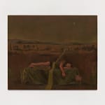 Installation view of Desanuviar, a contemporary painting by Brazilian artist Thales Pomb, featuring a reclining figure under a chiaroscuro sky, displayed on a white gallery wall