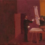Two figures handling a painting in an interior scene, depicted in expressive brushwork with warm tones. “sambinha” (2024) by Brazilian painter Thales Pomb.