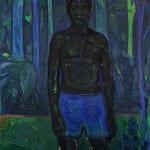 Close-up of Wonder II, a figurative oil painting by Stephen Price showing a Black male figure standing in a dense forest. The work uses impasto technique with deep greens and blues.