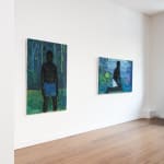 Exhibition view of two impasto figurative paintings by Stephen Price, featuring Black male figures in tropical landscapes — one standing in a jungle, the other kneeling by the water — both rendered in bold blue and green brushwork.