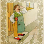 Bubenstreiche. Ein Verwandslungbilderbuch by Lothar Meggendorfer. Interior page man on stoop.