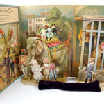 A Day in the Zoo. Realistic Pictures of Birds Beasts and Fishes. A Reproduction of an Antique Pop-up Book. Title page with pop-up of elephant and lions in a cage.