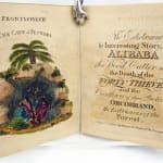The Entertaining & Interesting Story of Alibaba the Wood Cutter with the Death of the Forty Thieves, and the Overthrow of their Protector Orcobrand, the Evil Genius of the Forest. Title page and illustration of desert oasis.