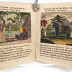 The Entertaining & Interesting Story of Alibaba the Wood Cutter with the Death of the Forty Thieves, and the Overthrow of their Protector Orcobrand, the Evil Genius of the Forest. Interior pages with illustrations of children and men with donkey.