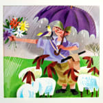 Israeli Painters' Playroom Pictures. Interior page illustration of boy in the rain with sheep and a bird.