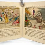 The Entertaining & Interesting Story of Alibaba the Wood Cutter with the Death of the Forty Thieves, and the Overthrow of their Protector Orcobrand, the Evil Genius of the Forest. Interior page with illustrations of woman killing a man and a giant with a club.
