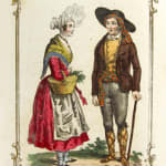 La France en Miniature. Interior color engraving with traditional costumes.