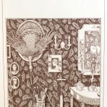 Turkey Remains and How to Inter Them with Numerous Scarce Recipes by F. Scott Fitzgerald, illustrated by Jill Karla Schwarz. Interior page, illustration of turkey on a wall.