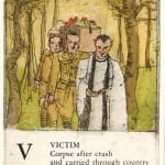 The Airmen's Alphabet text by W.H. Auden, illustrated by Robert Andrew Parker. V page with priest leading soldiers carrying coffin.