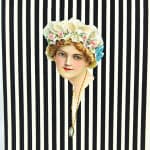 Catalogue of Lithographic Designs for Box Wraps. Lithograph sample of woman's face on black and white striped background.