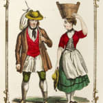 La France en Miniature. Interior color engraving with traditional costumes.