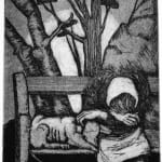 The Tail That Wagged the Dog illustrated by Sue Coe. Engraving of woman and dog on a bench.