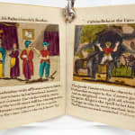 The Entertaining & Interesting Story of Alibaba the Wood Cutter with the Death of the Forty Thieves, and the Overthrow of their Protector Orcobrand, the Evil Genius of the Forest. Interior page with illustrations of four people and a man with three donkeys.