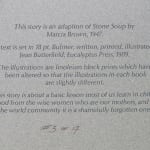 Stone Soup illustrated by Jean Butterfield. Colophon.