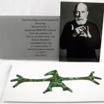First edition of twelve postcards featuring Edward Gorey's handmade Figbash creatures. Postcard, envelope, and photo of Gorey