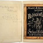 Master J. Spraggles, His Version of Robinson Crusoe as Narrated & Depicted to His School Fellows at Dr. Tickeltoby's Academy. Title page with inscriptions