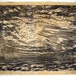 "Ruhiges Meer hinter Hügelküste, darüber grosse Lichterscheinung" by Gustav Wolf. Proof on rag textile.